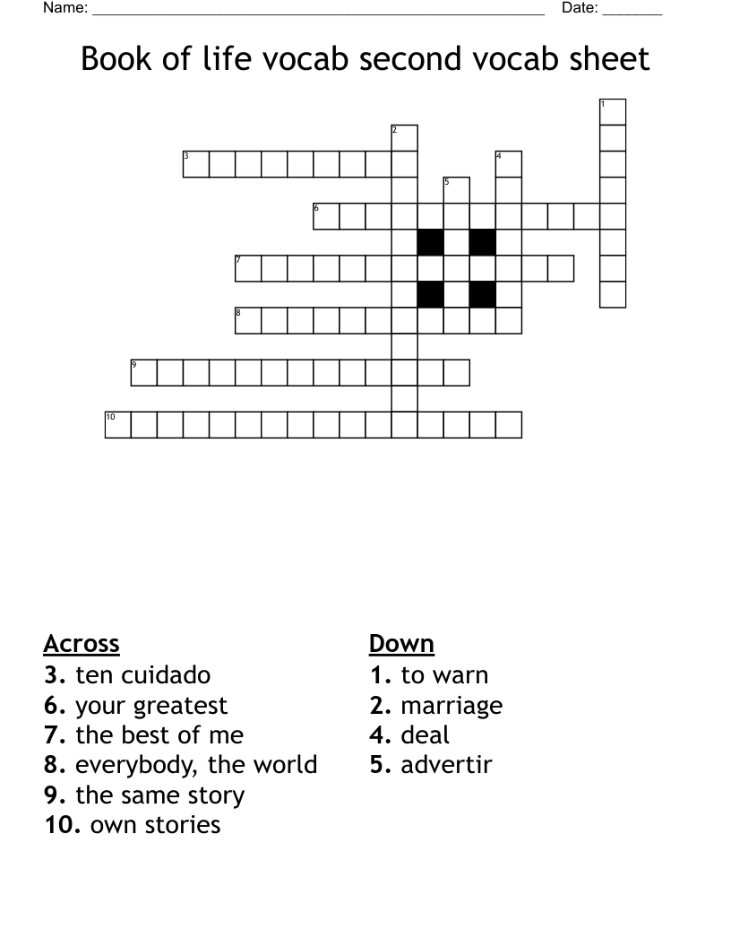  Book of life vocab second vocab sheet Crossword
