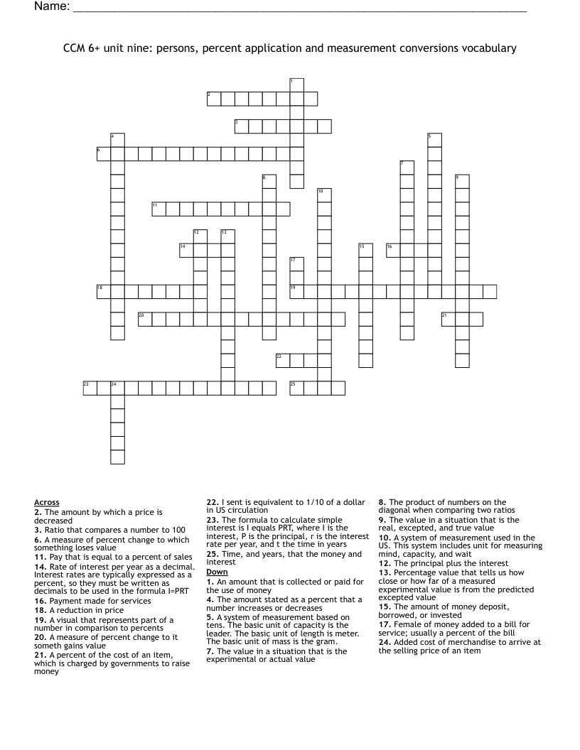  CCM 6+ unit nine: persons, percent application and measurement conversions vocabulary  Crossword