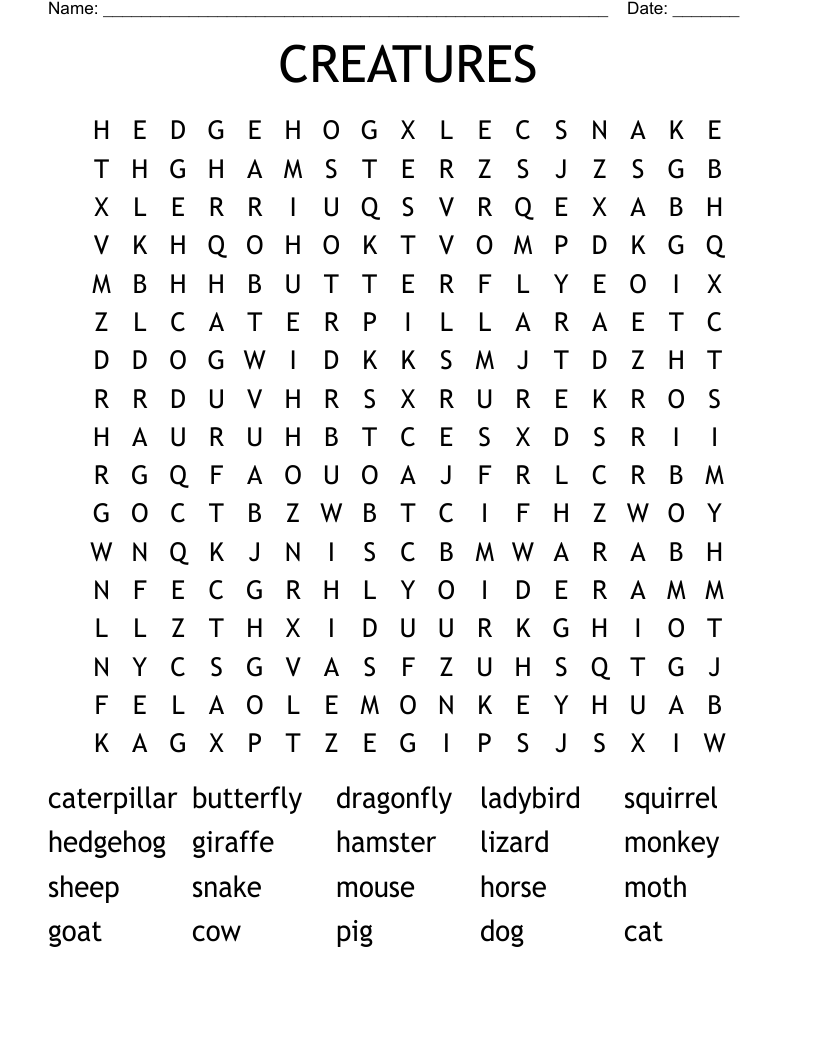  CREATURES Word Search