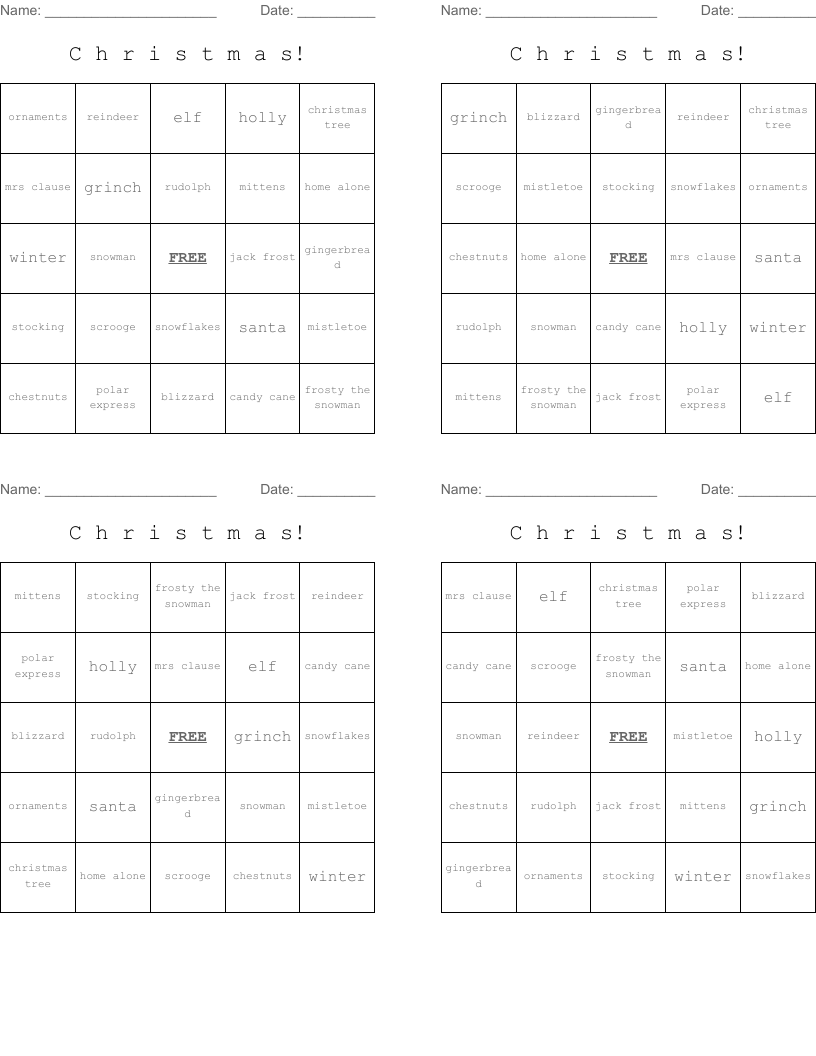  C h r i s t m a s! Bingo Cards