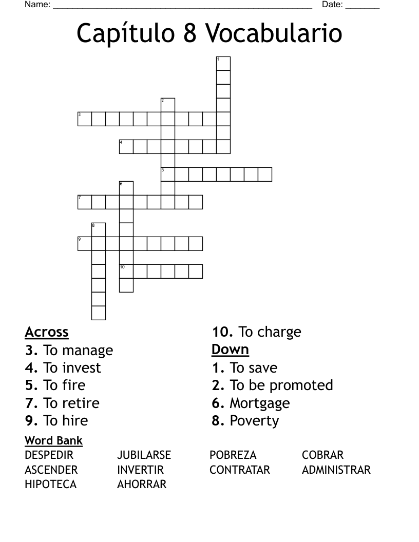  Capítulo 8 Vocabulario Crossword