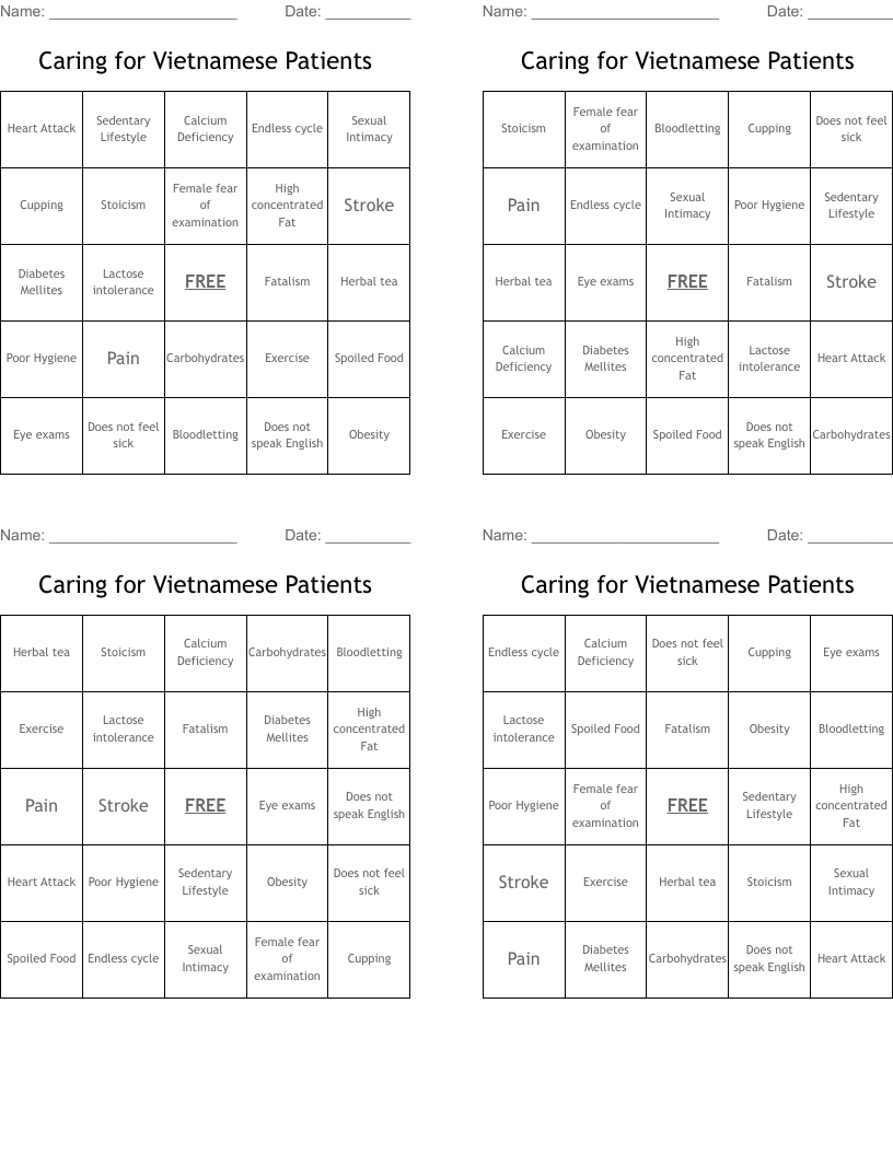  Caring for Vietnamese Patients Bingo Cards