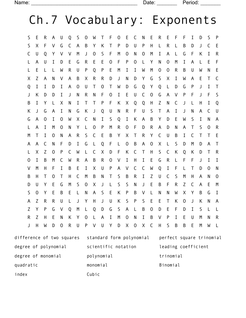  Ch.7 Vocabulary: Exponents Word Search