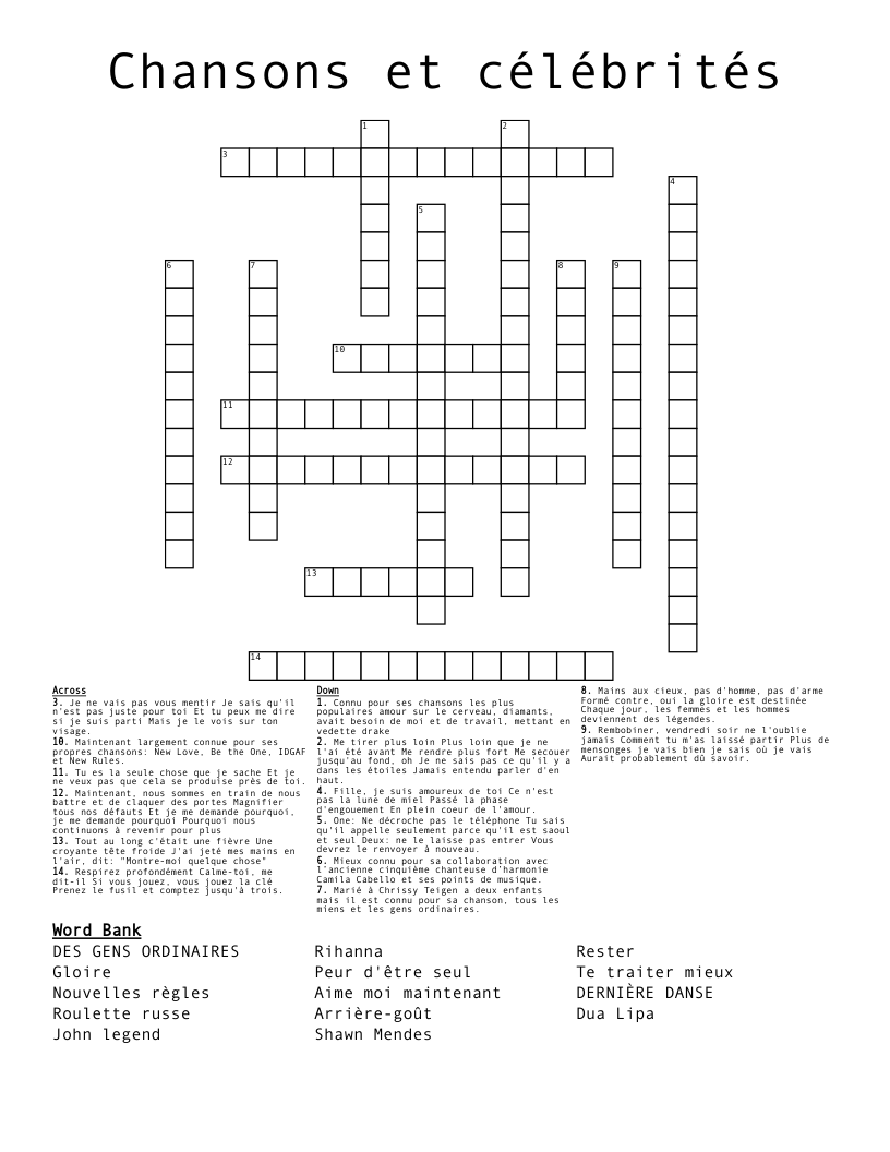  Chansons et célébrités Crossword