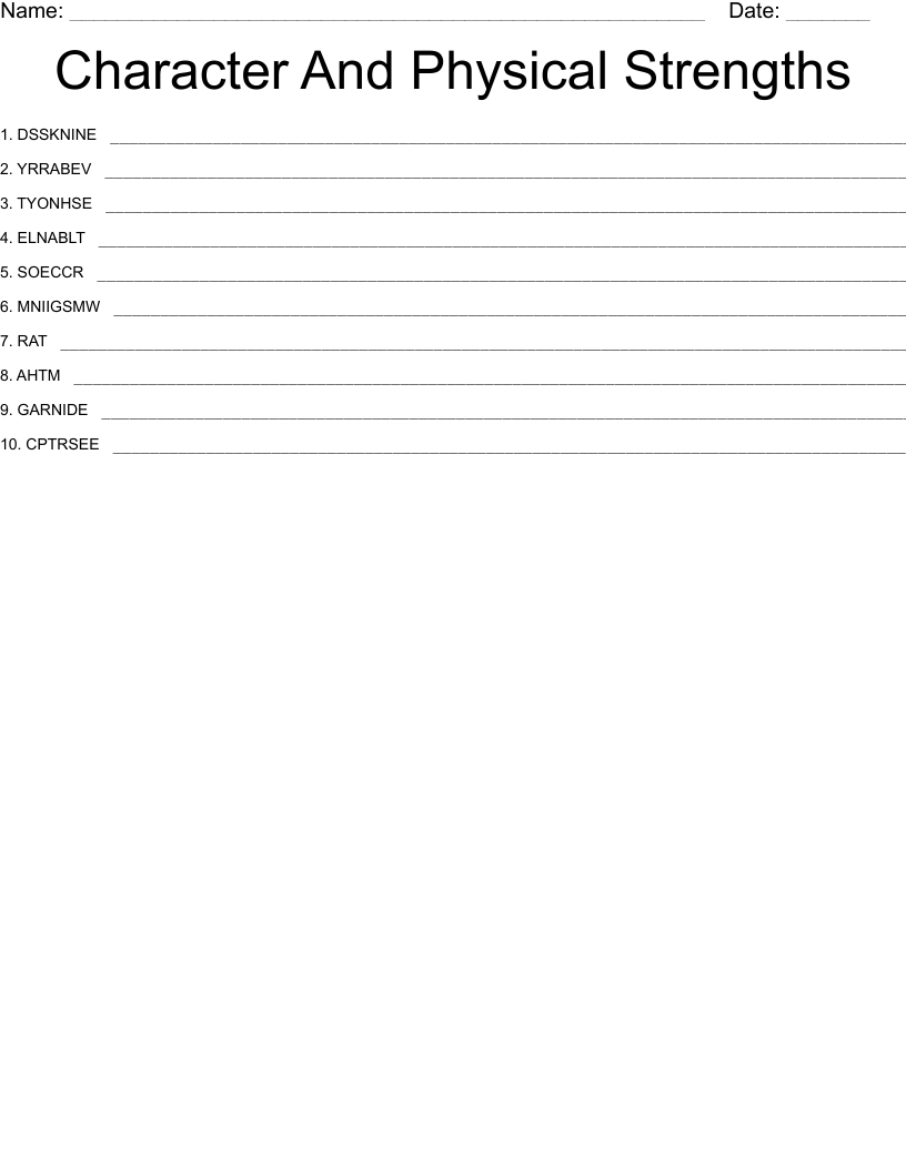  Character And Physical Strengths Word Scramble