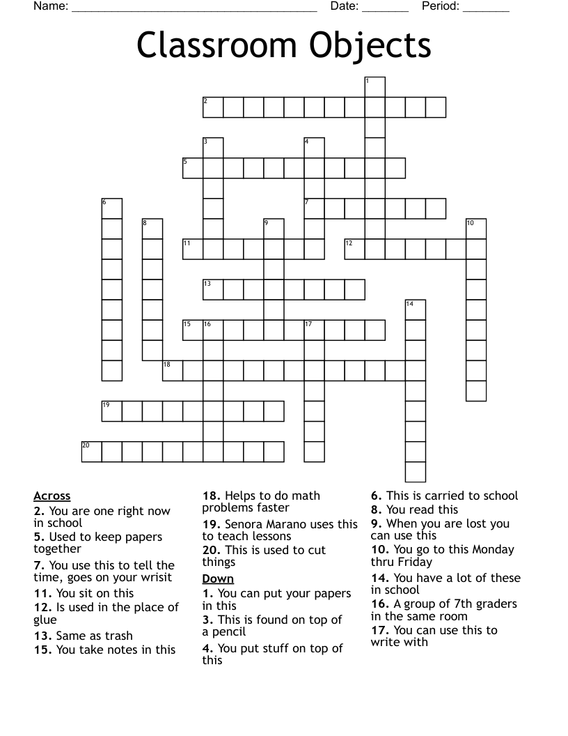  Classroom Objects Crossword