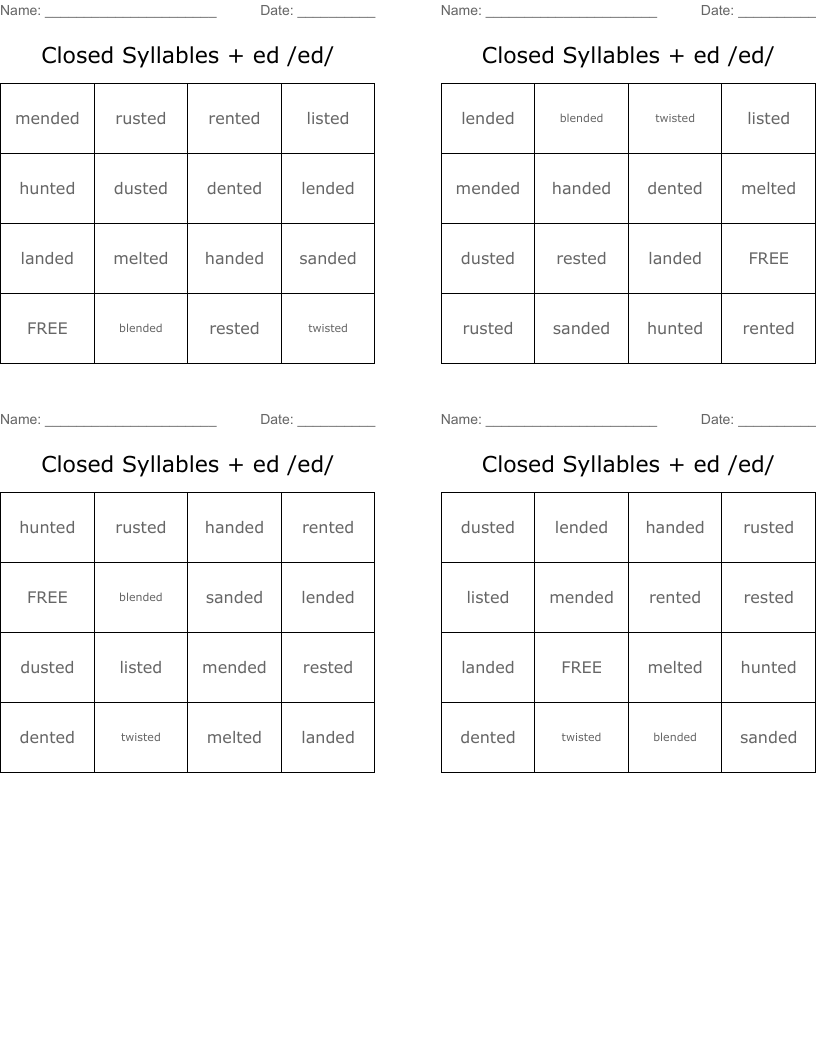  Closed Syllables + ed /ed/   Bingo Cards
