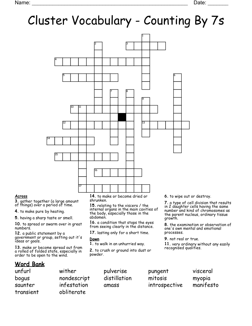  Cluster Vocabulary - Counting By 7s Crossword