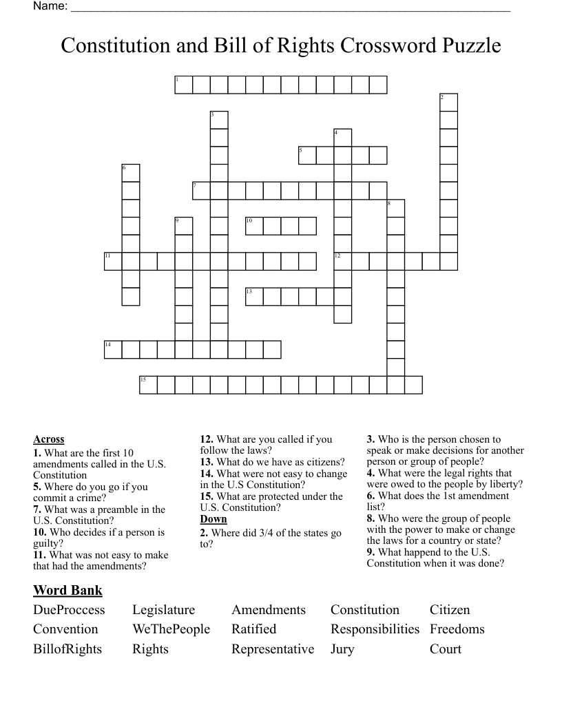  Constitution and Bill of Rights Crossword Puzzle