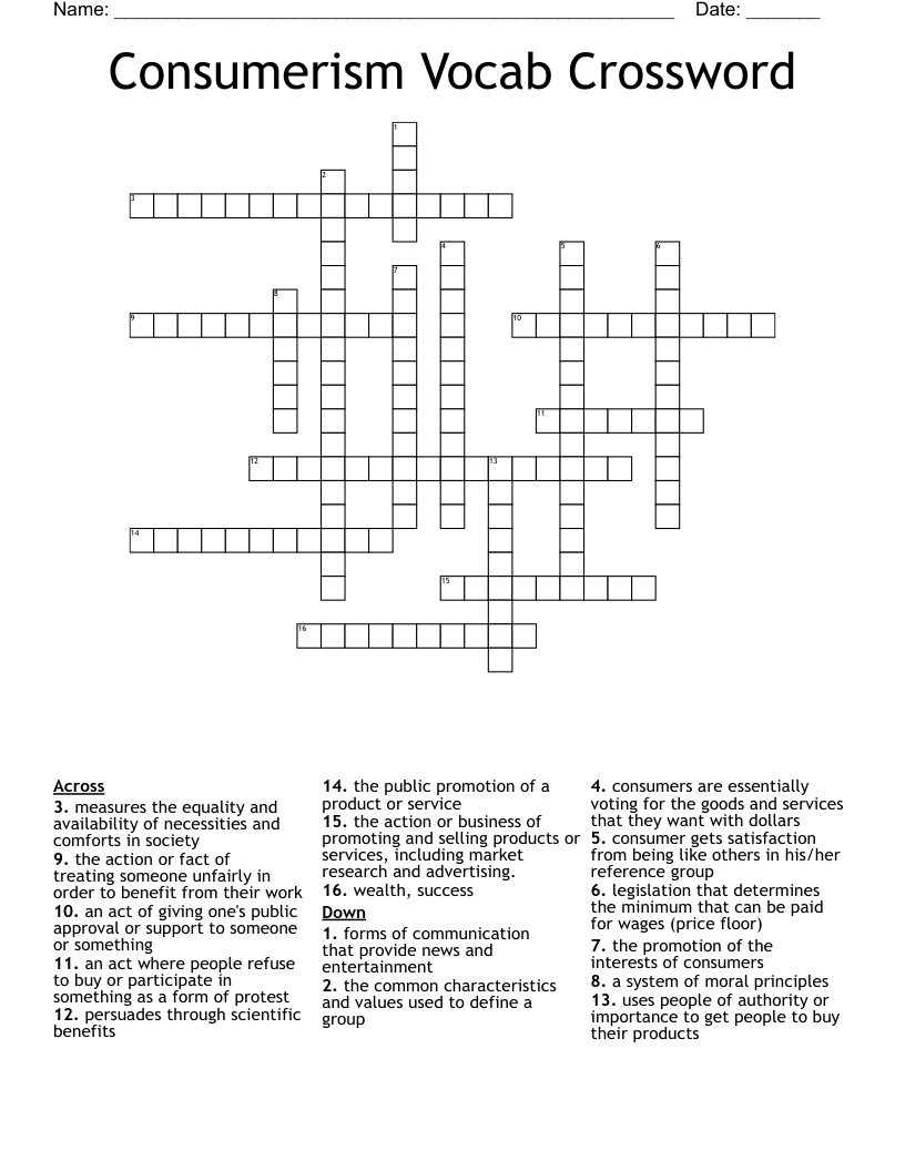  Consumerism Vocab Crossword 