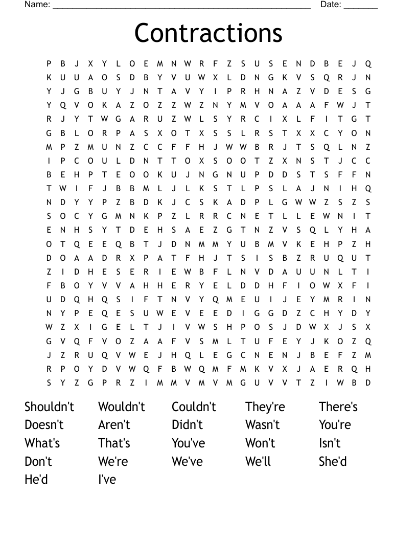  Contractions  Word Search