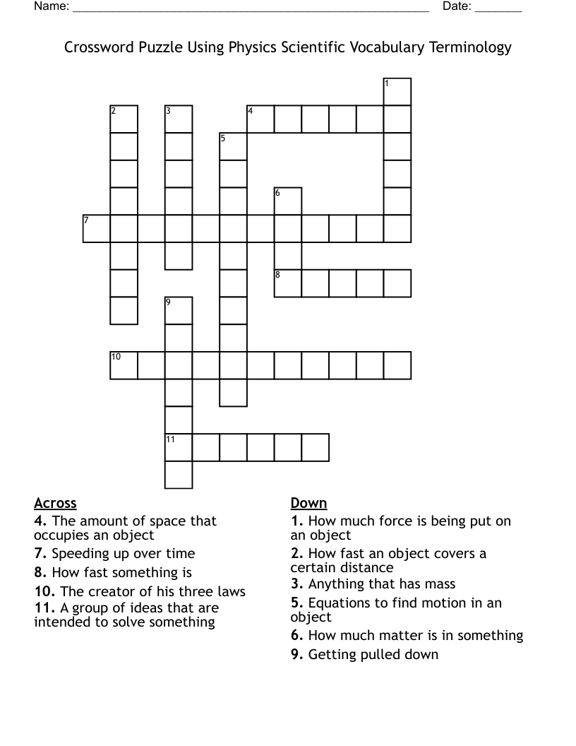  Crossword Puzzle Using Physics Scientific  Vocabulary Terminology