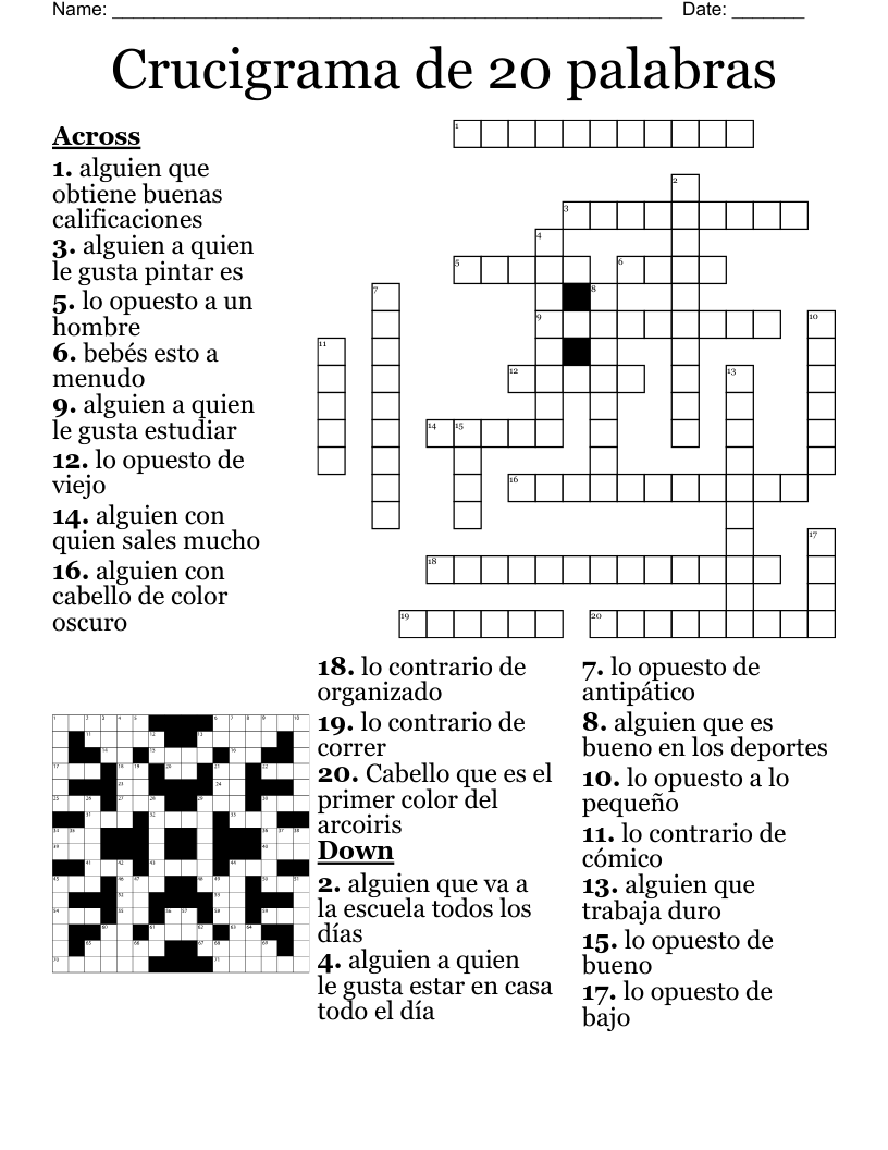  Crucigrama de 20 palabras Crossword