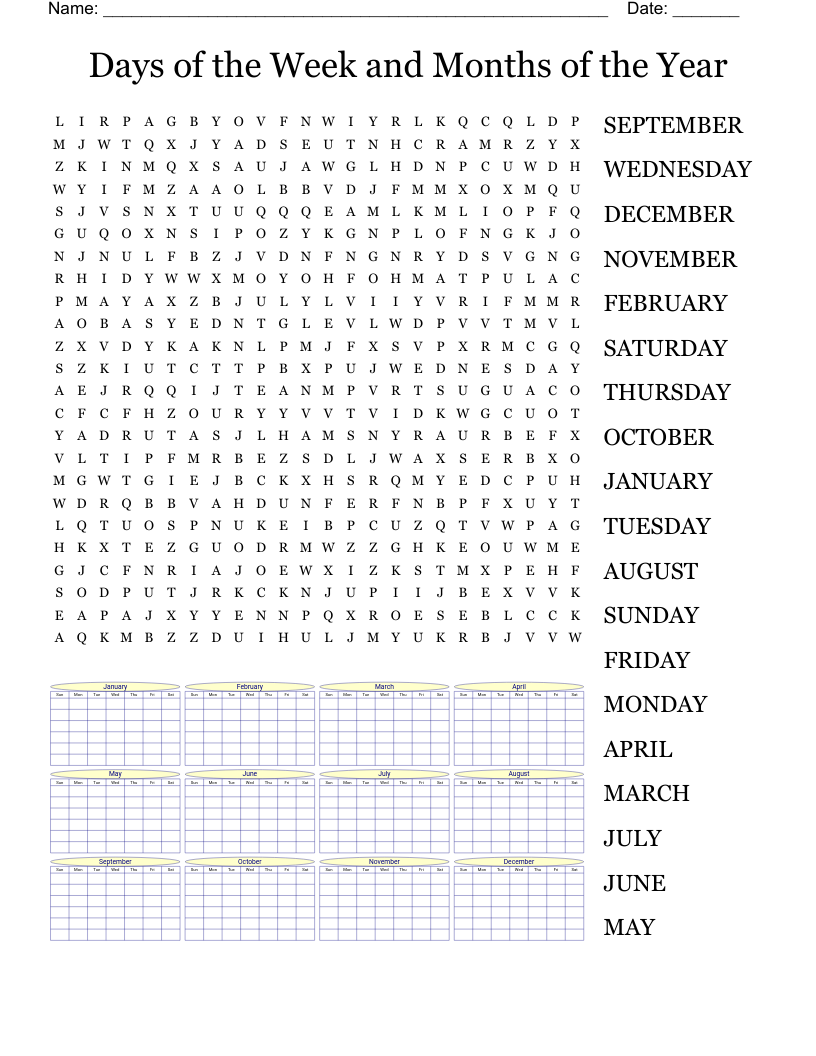  Days of the Week and Months of the Year Word Search