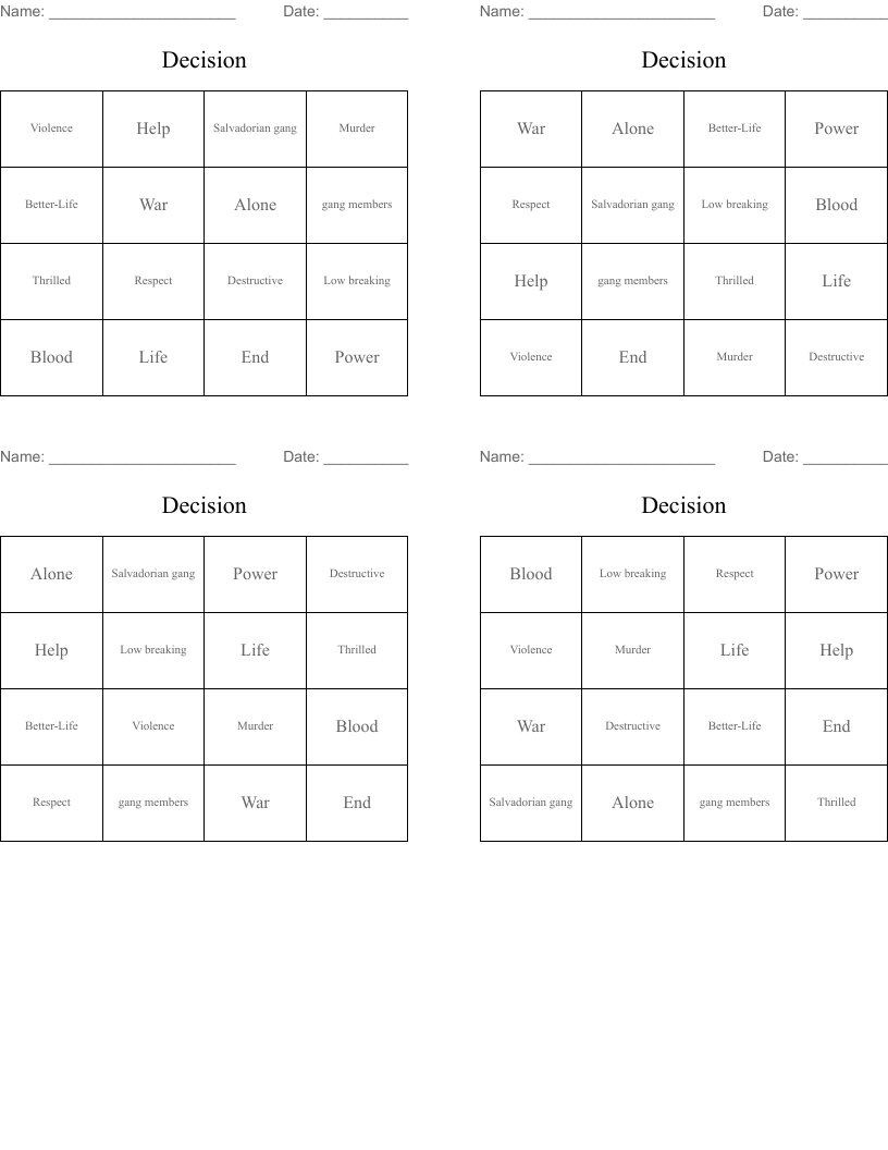  Decision  Bingo Cards