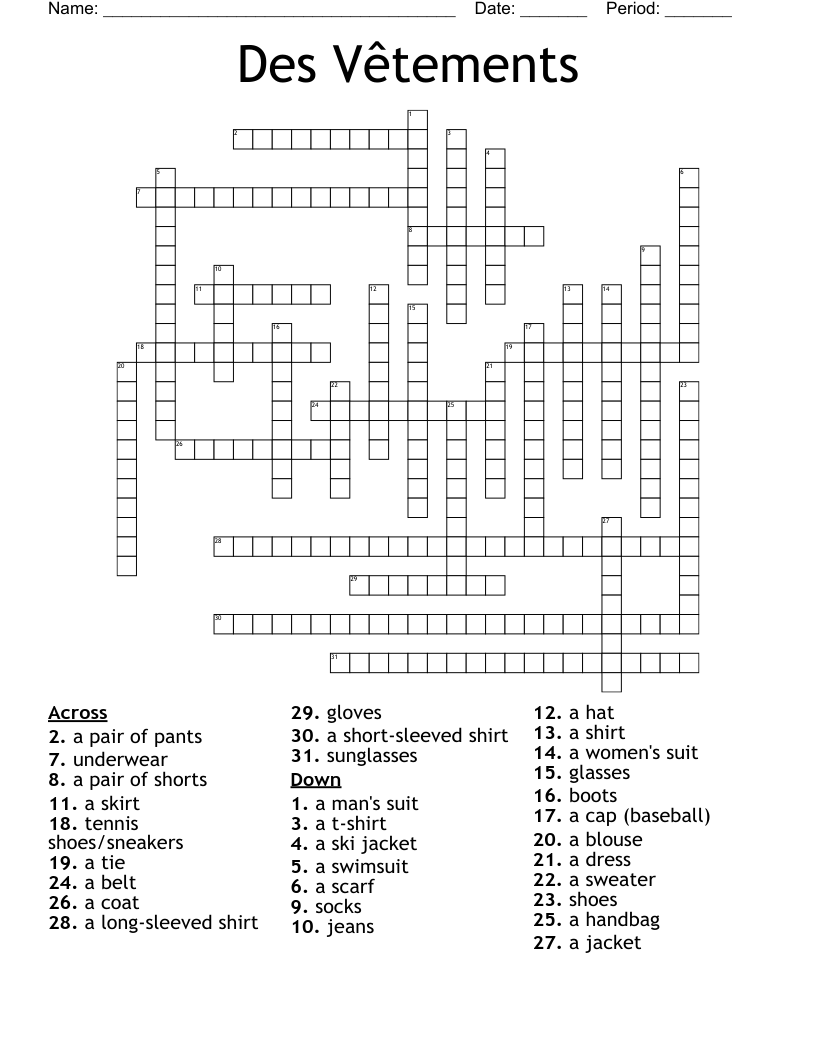  Des Vêtements Crossword
