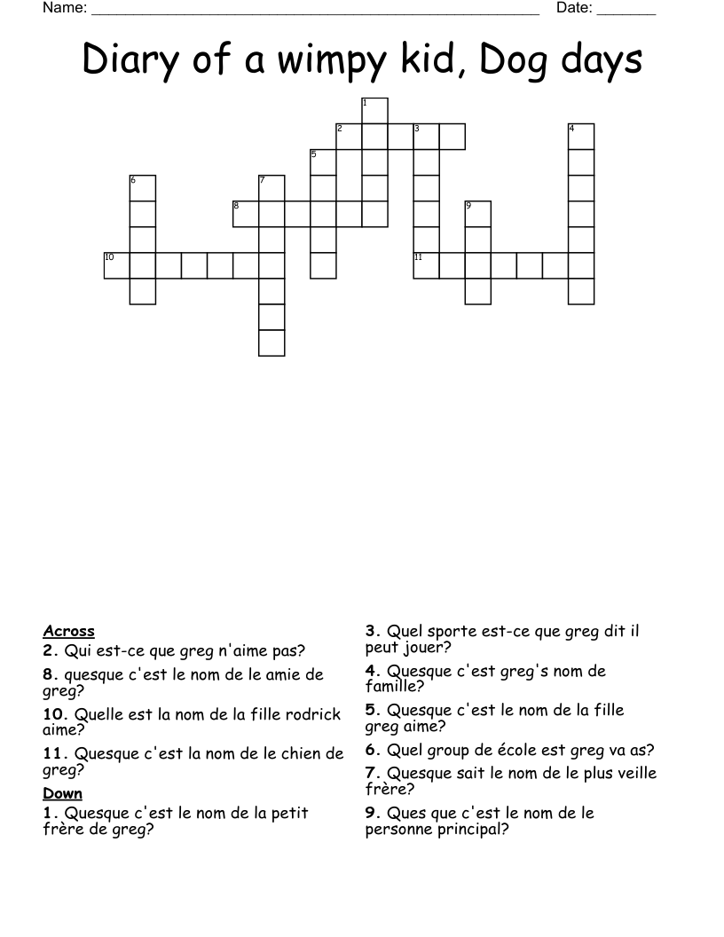  Diary of a wimpy kid, Dog days Crossword