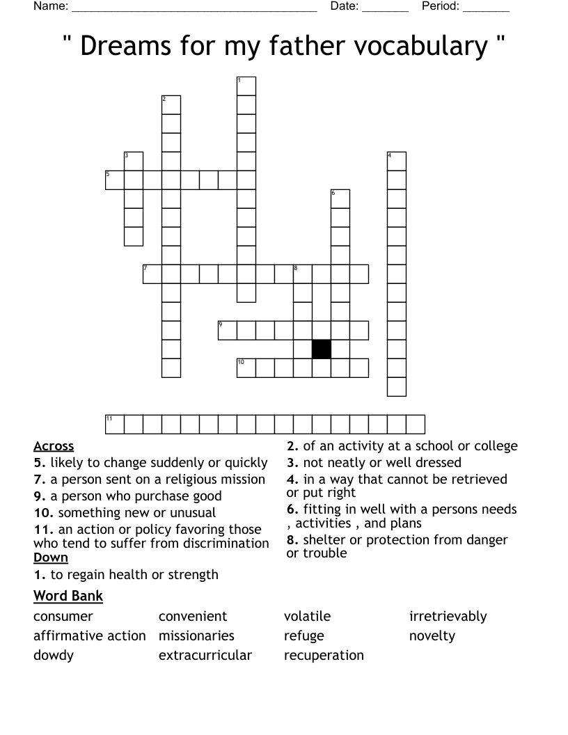 " Dreams for my father vocabulary  " Crossword