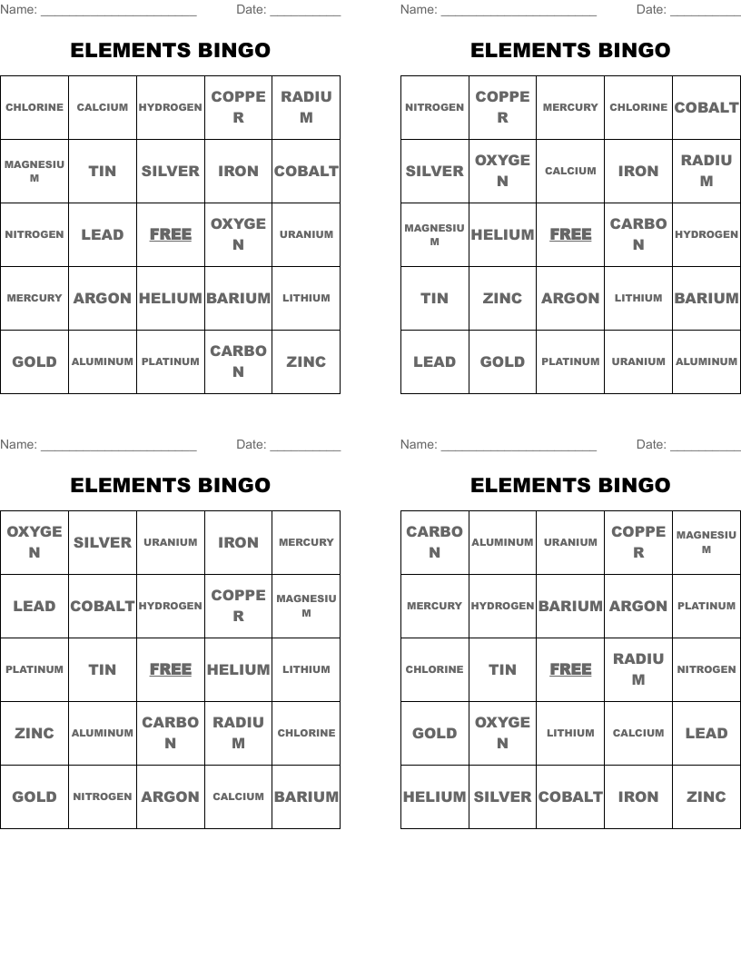  ELEMENTS BINGO