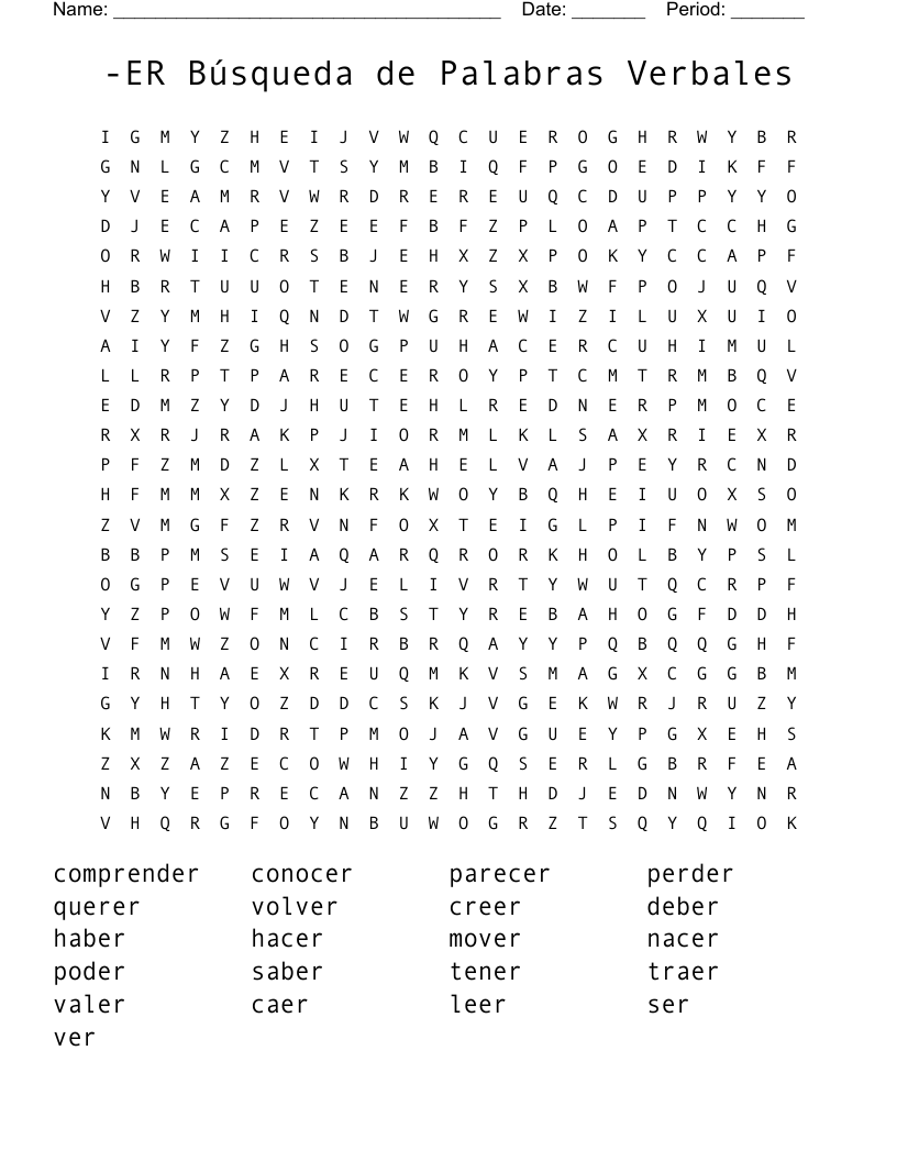  -ER Búsqueda de Palabras Verbales Word Search