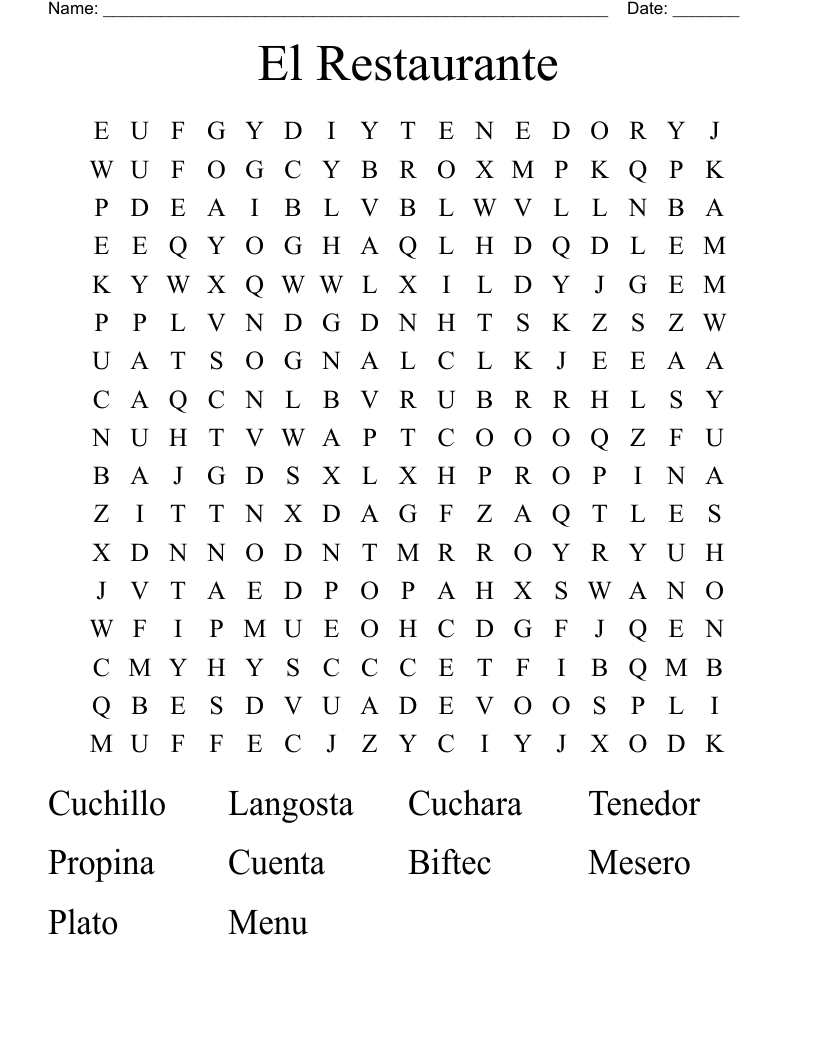  El Restaurante  Word Search