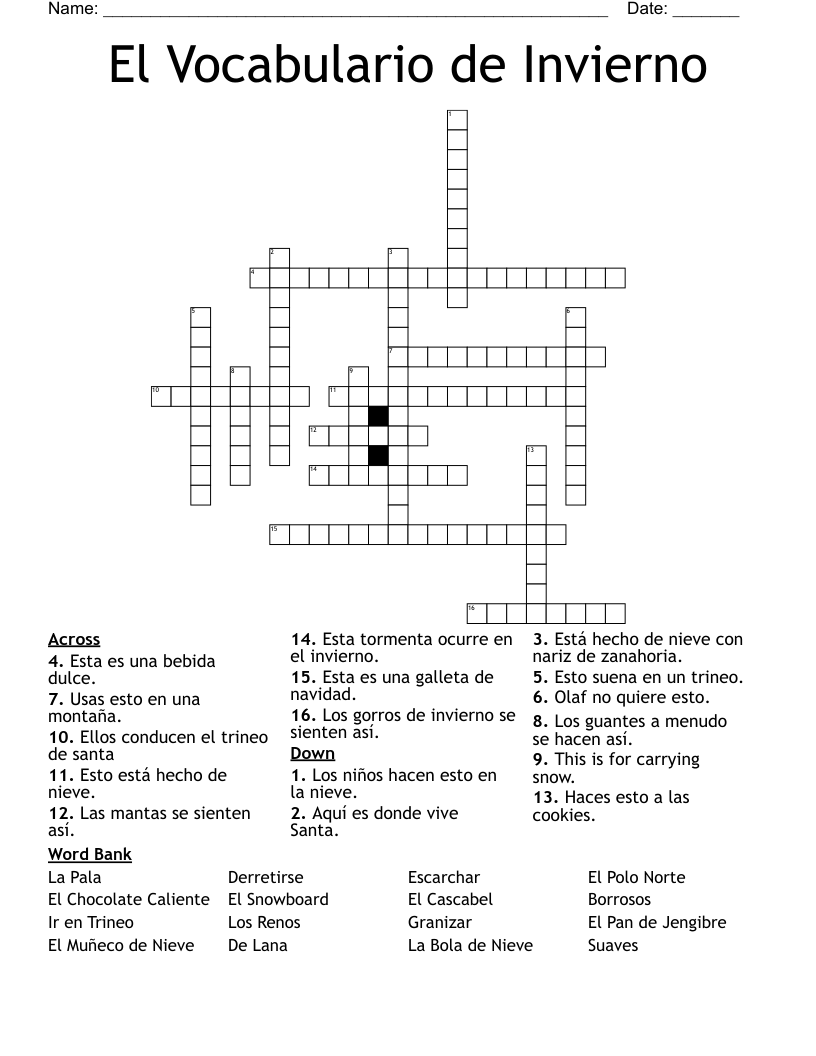  El Vocabulario de Invierno Crossword