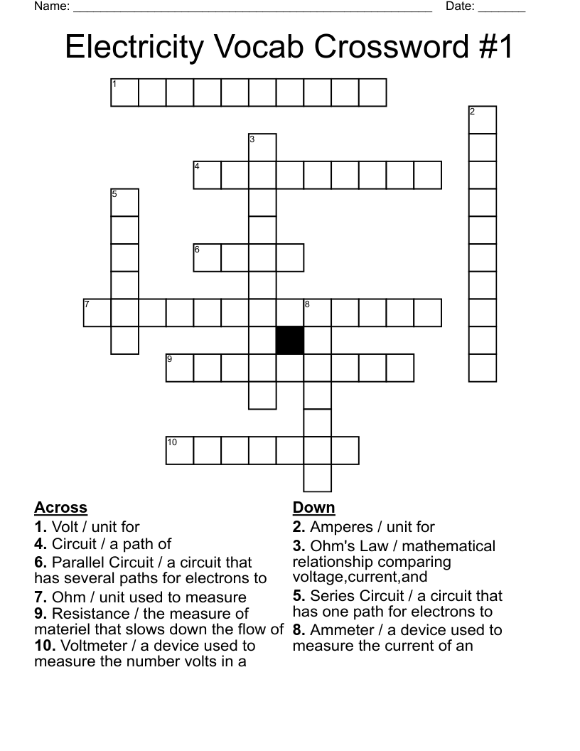  Electricity Vocab Crossword #1