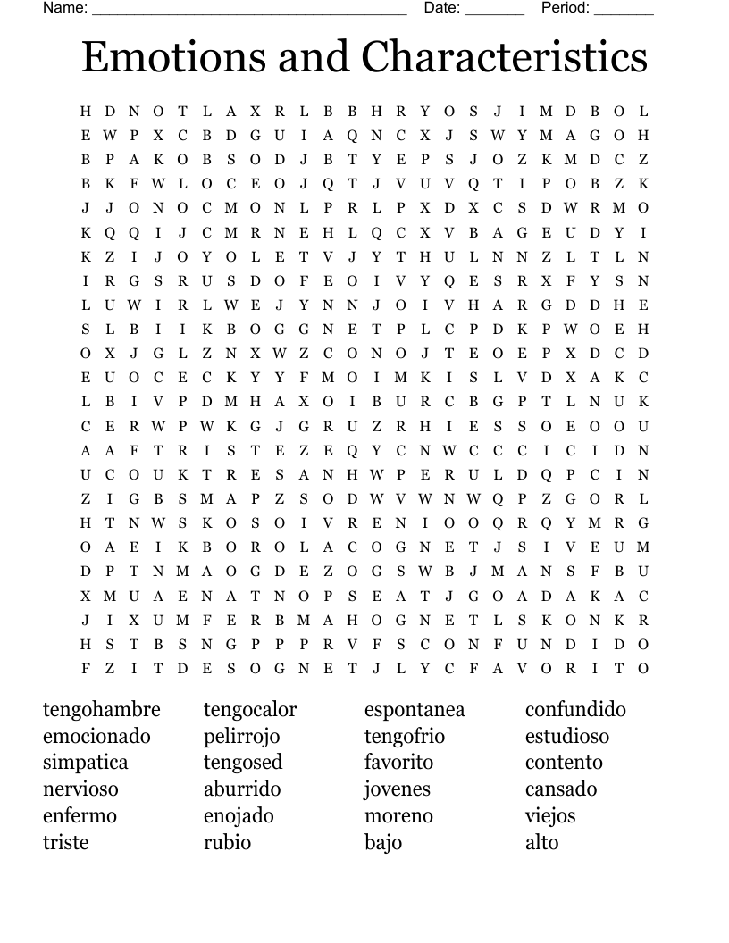  Emotions and Characteristics Word Search