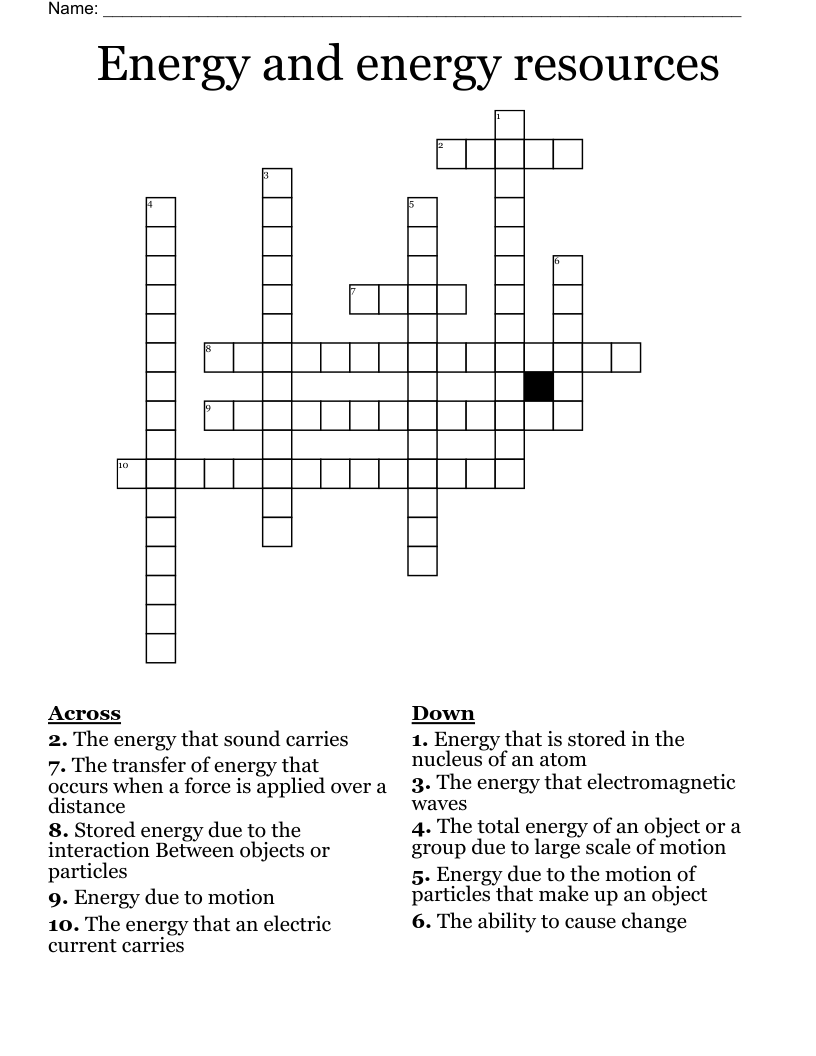  Energy and energy resources  Crossword