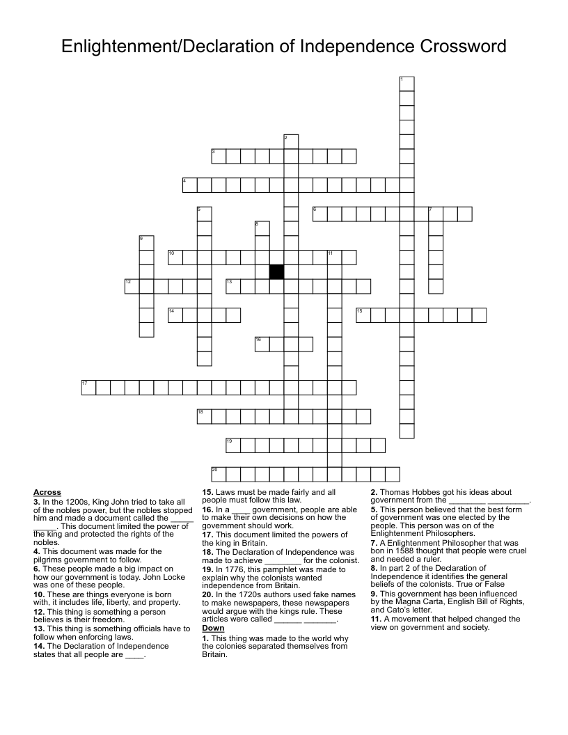  Enlightenment/Declaration of Independence Crossword