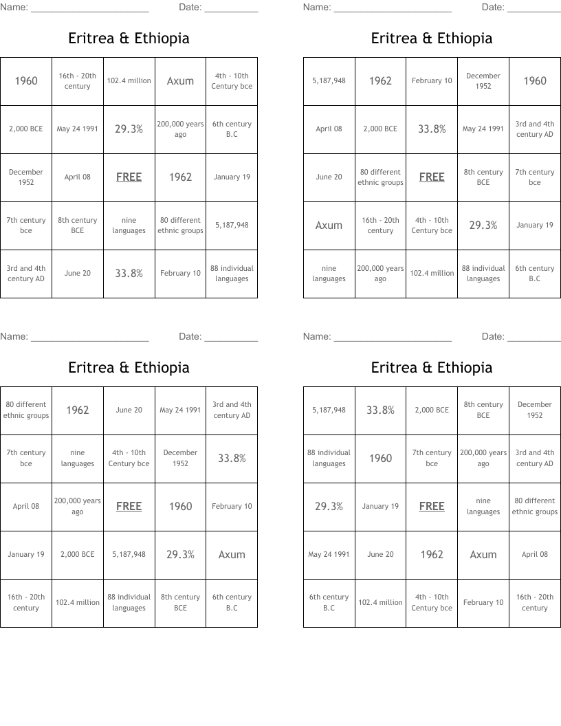  Eritrea & Ethiopia Bingo Cards