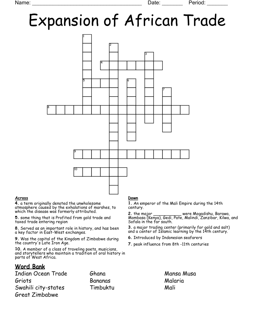  Expansion of African Trade Crossword