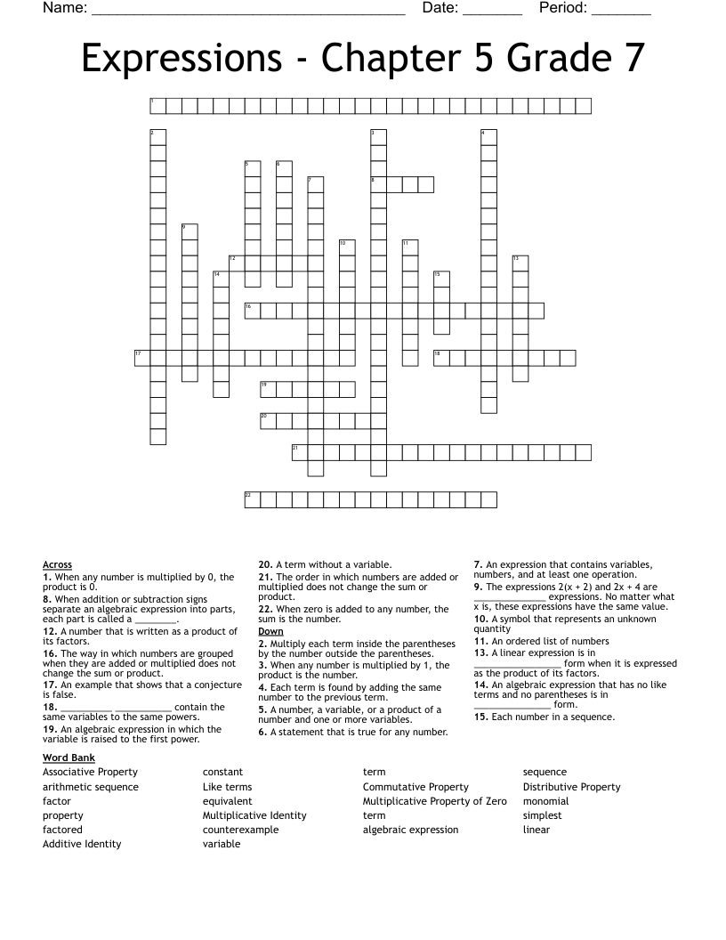  Expressions - Chapter 5 Grade 7 Crossword