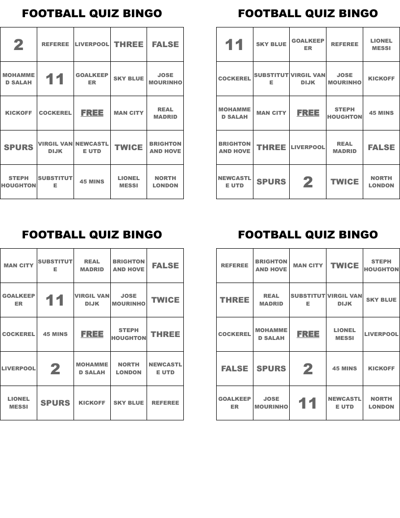  FOOTBALL QUIZ BINGO
