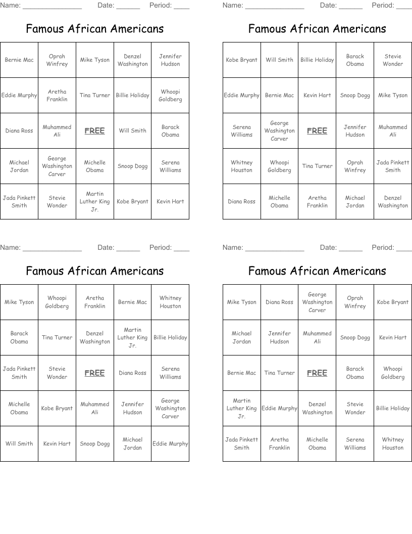  Famous African Americans Bingo Cards