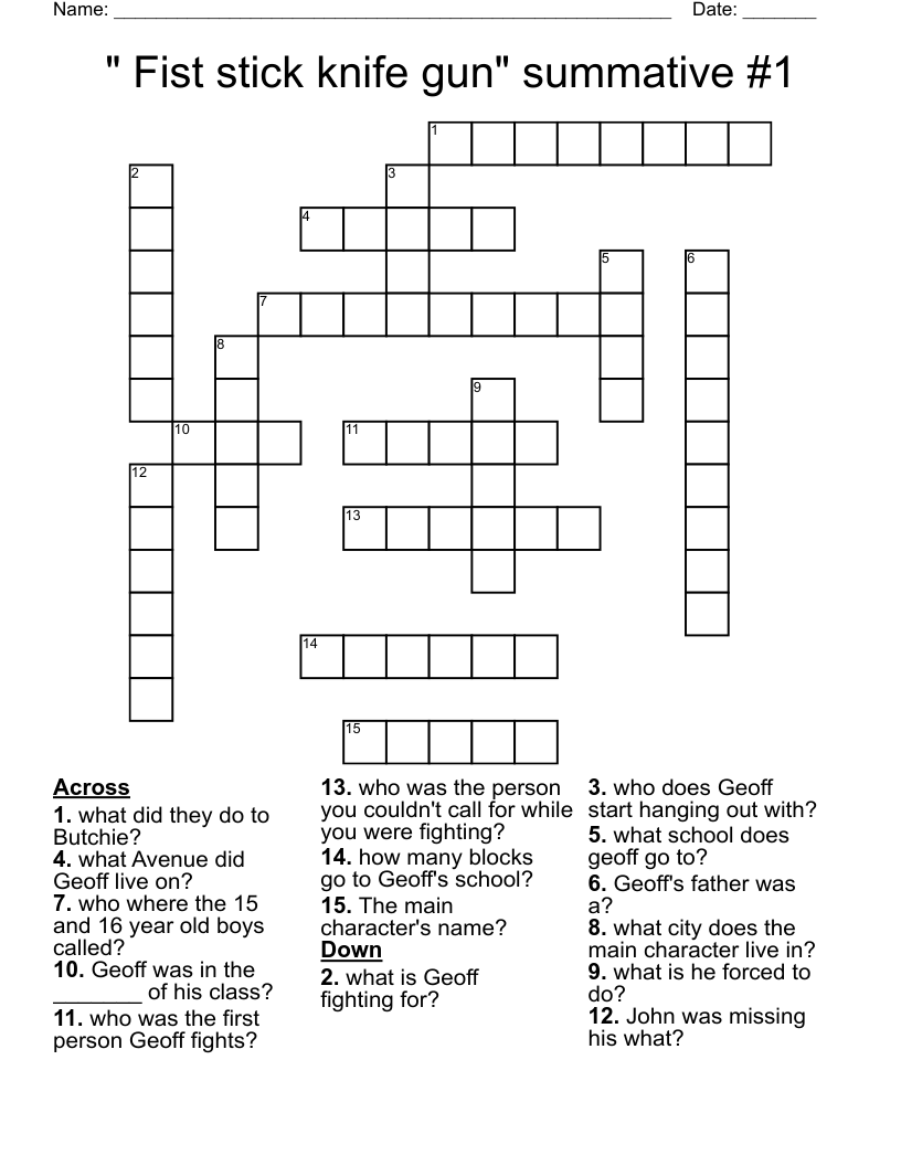 " Fist stick knife gun" summative #1   Crossword