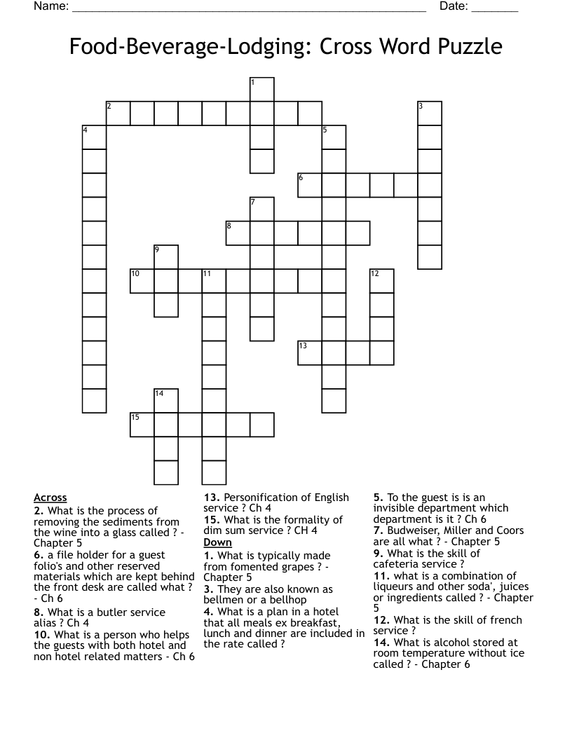  Food-Beverage-Lodging:  Cross Word Puzzle	