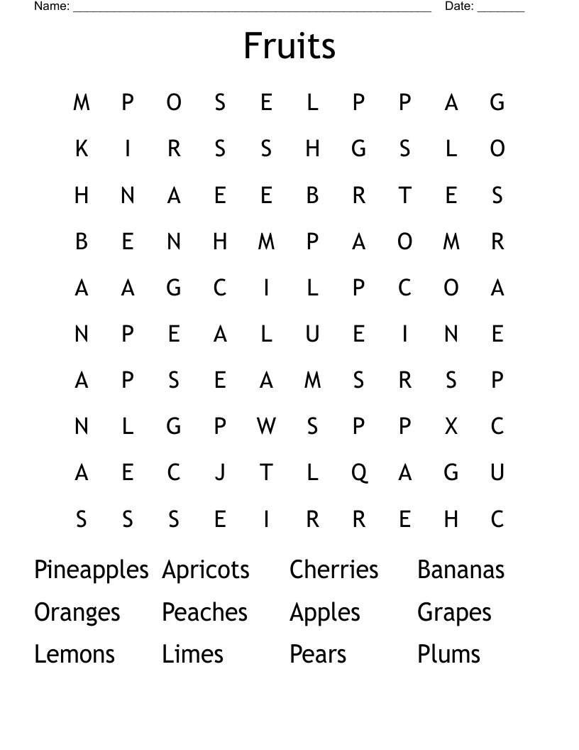  Fruits Word Search
