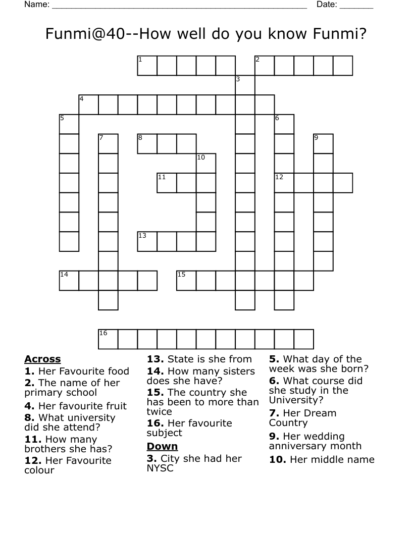  Funmi@40--How well do you know Funmi? Crossword