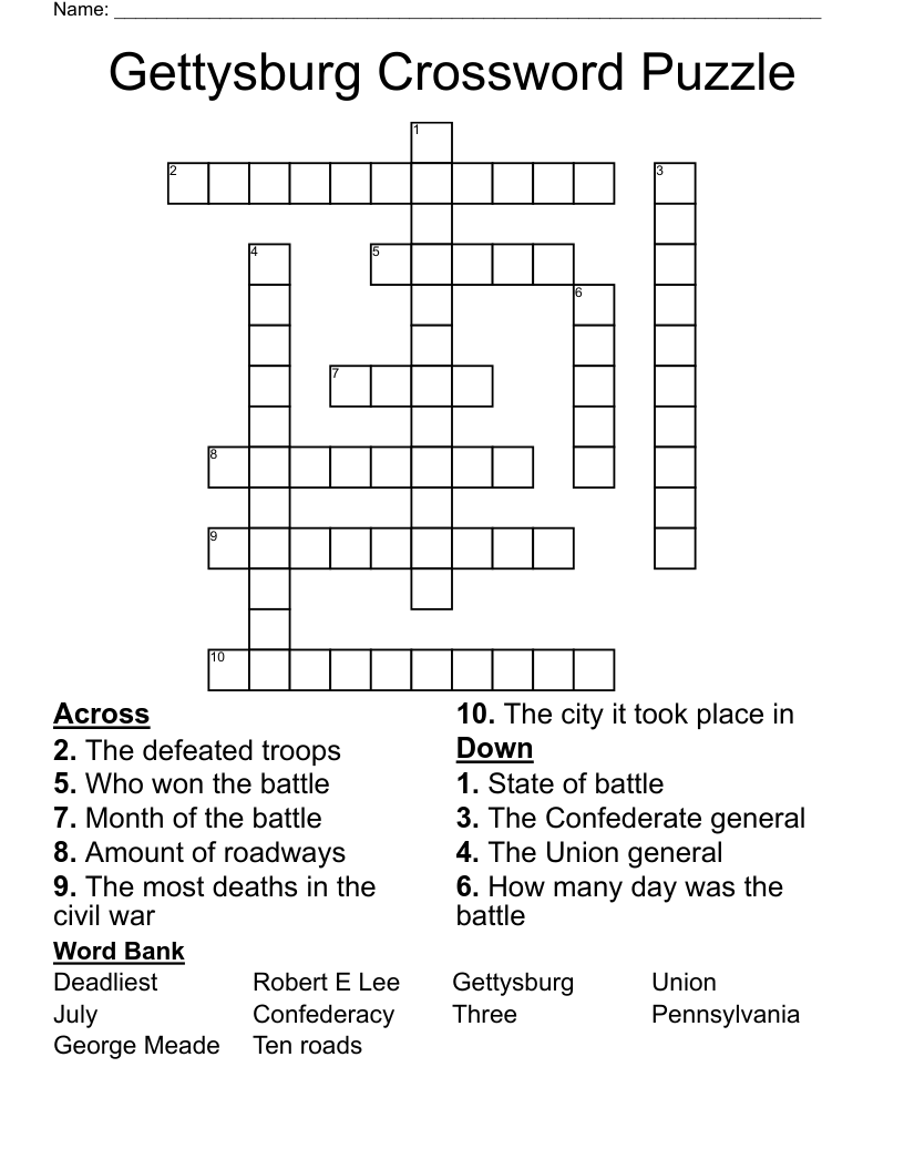  Gettysburg Crossword Puzzle 