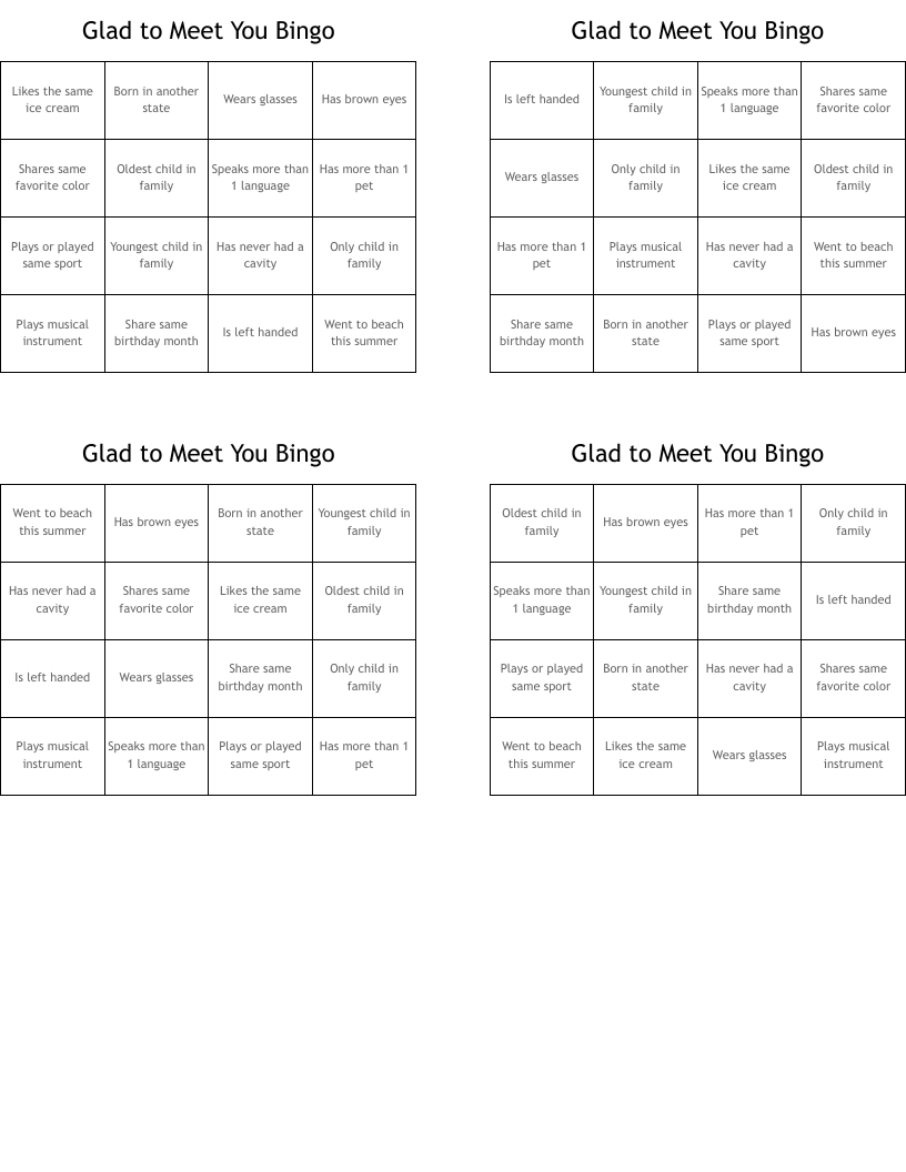  Glad to Meet You Bingo