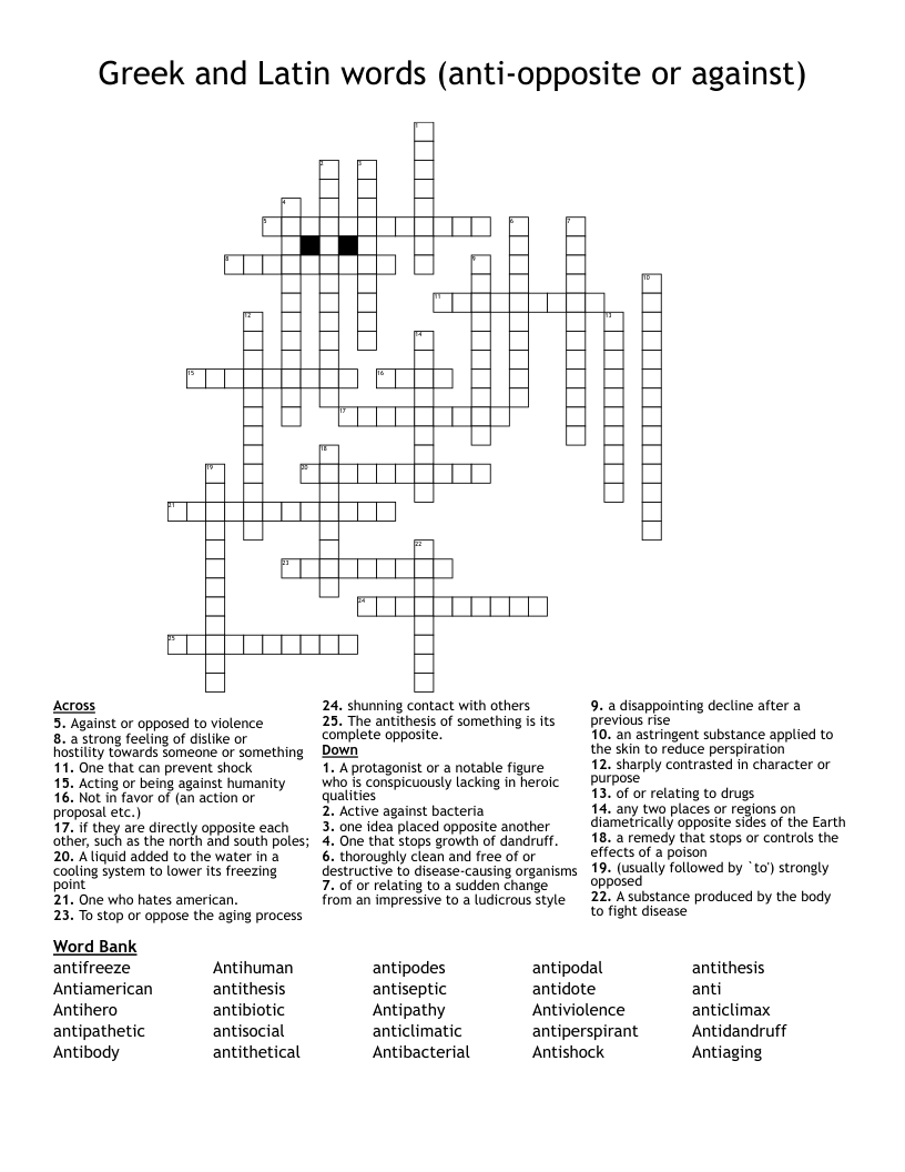  Greek and Latin words (anti-opposite or against) Crossword