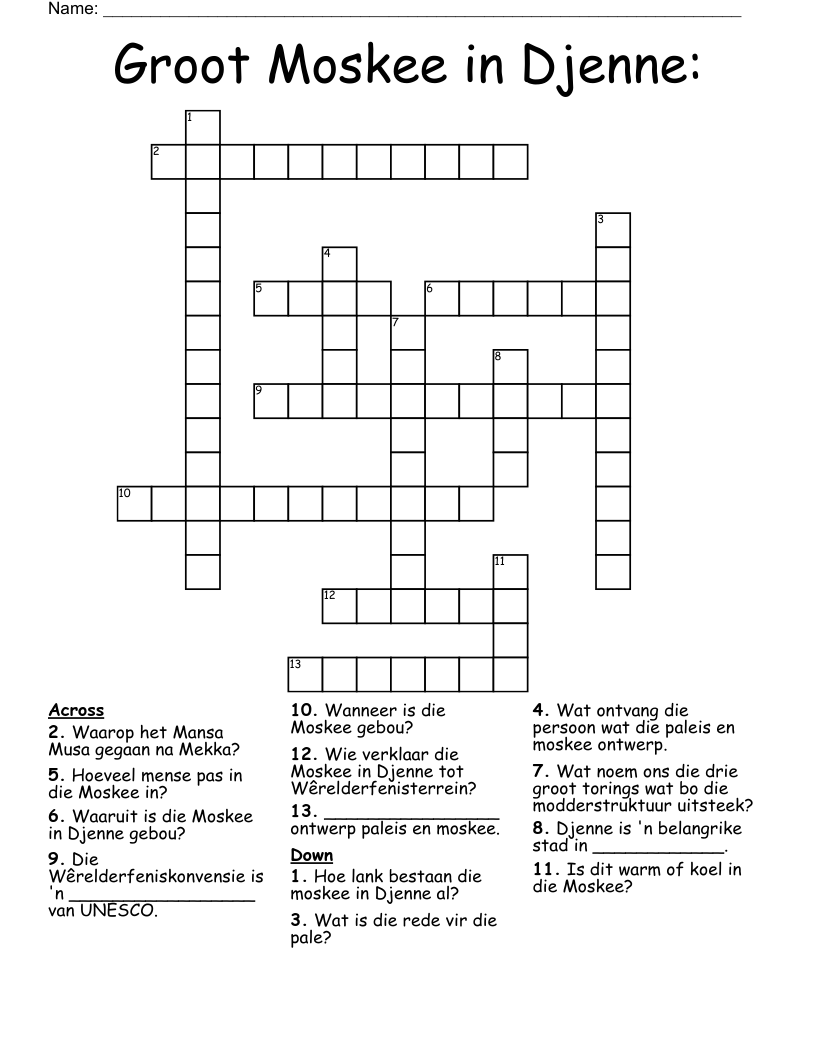  Groot Moskee in Djenne:  Crossword