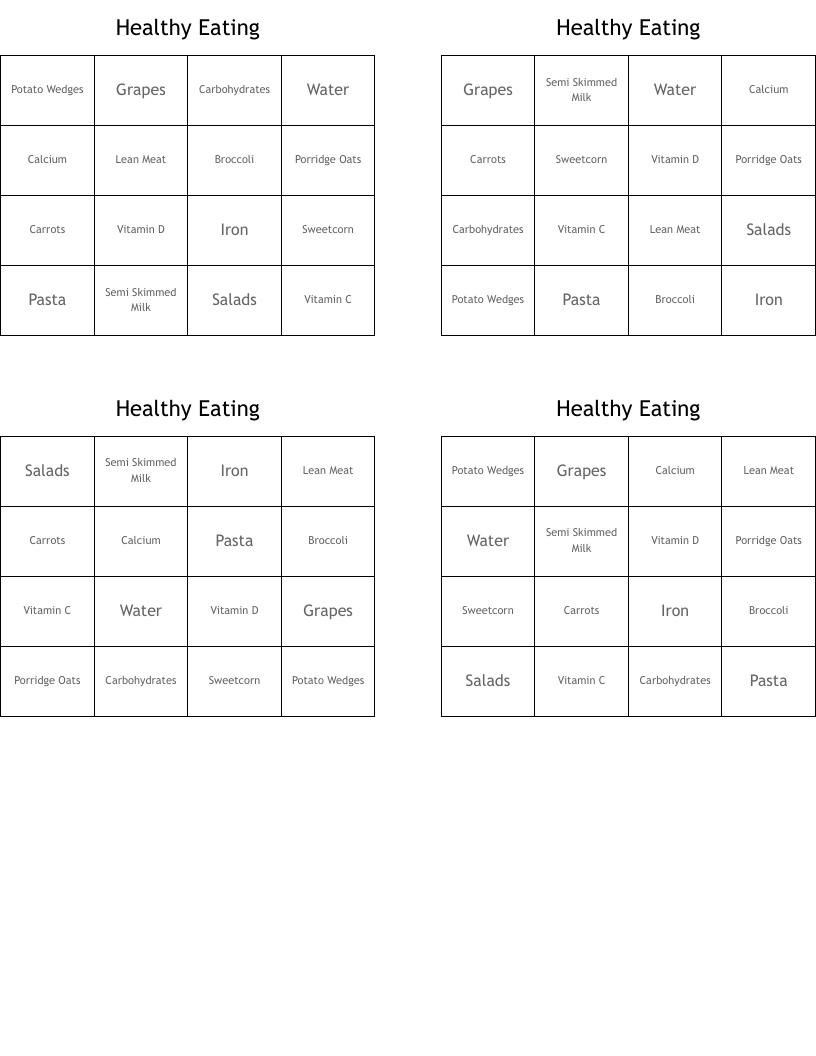  Healthy Eating Bingo Cards