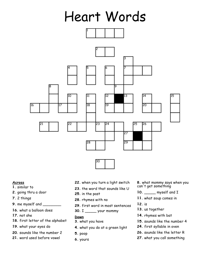  Heart Words Crossword