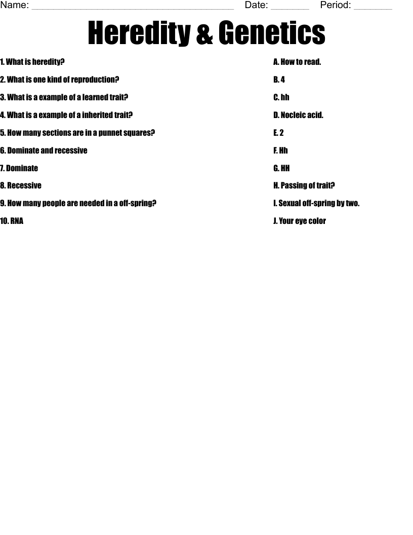  Heredity & Genetics Worksheet