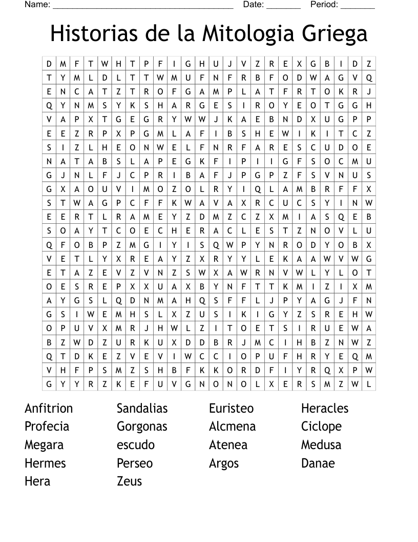  Historias de la  Mitologia Griega Word Search