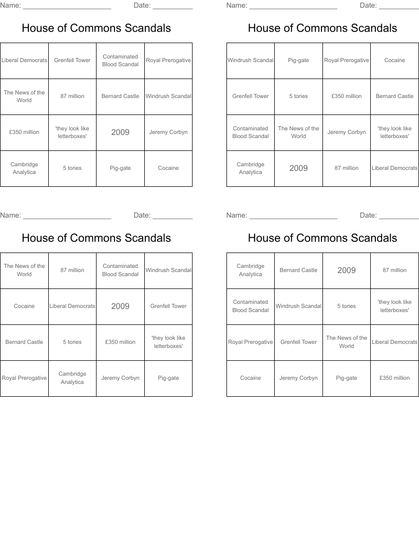  House of Commons Scandals Bingo Cards