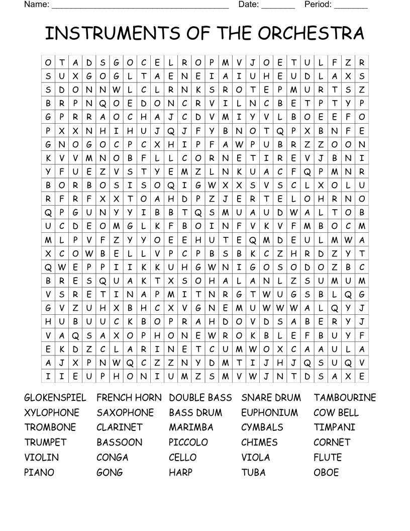  INSTRUMENTS OF THE ORCHESTRA Word Search