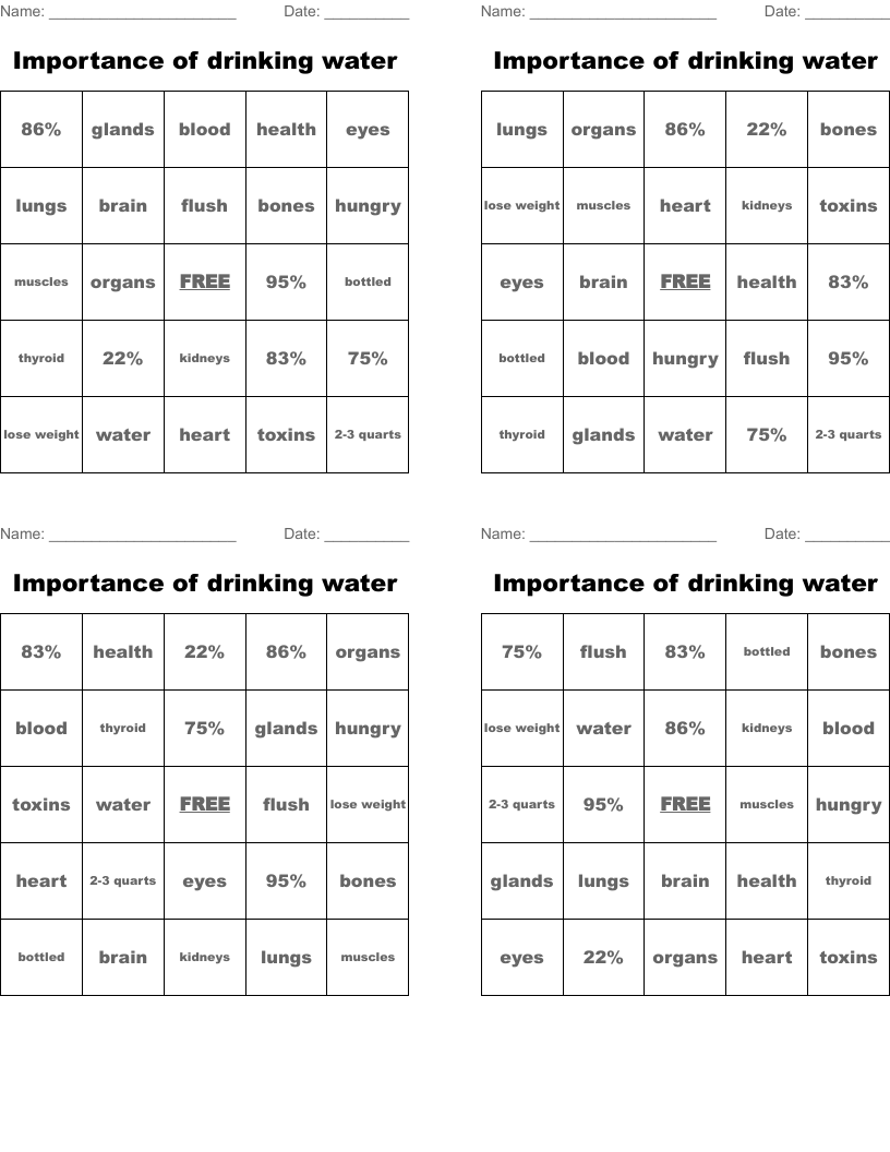  Importance of drinking water Bingo Cards